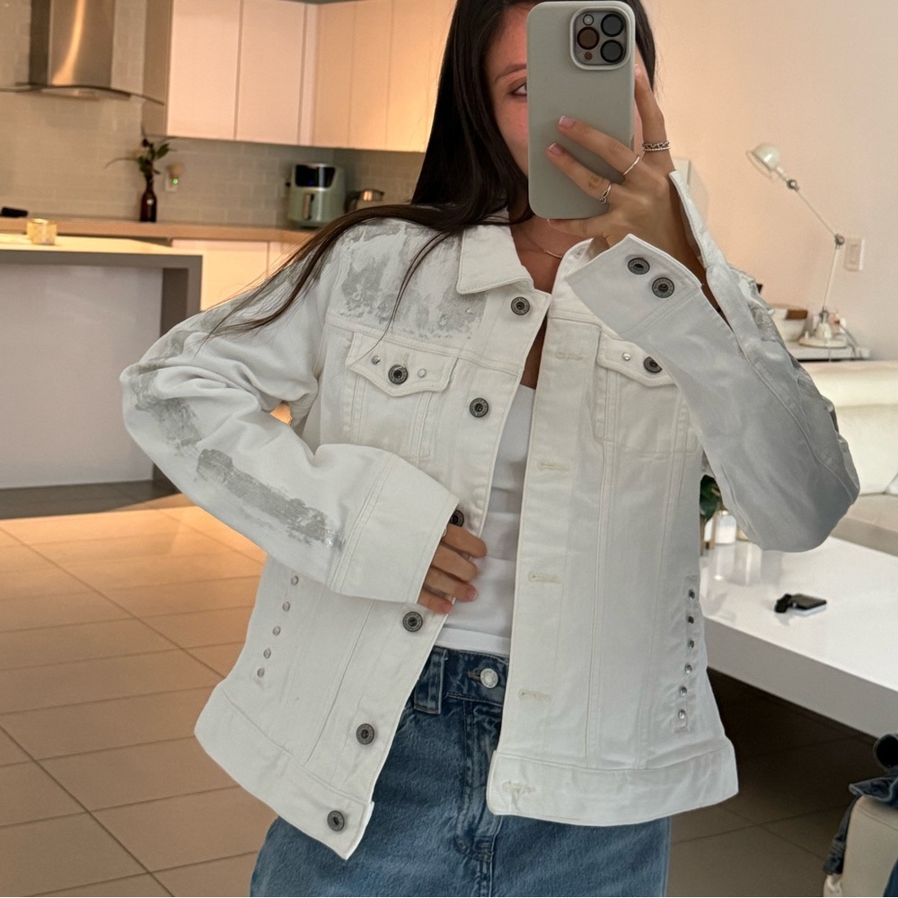 Old navy White denim jacket with silver details handmade handcrafted jacket
